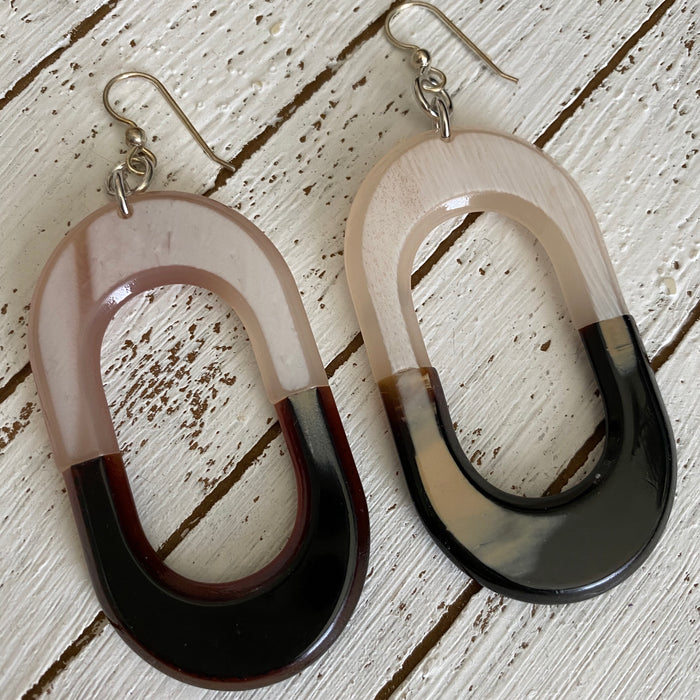 Brown and White Oval Resin Earrings- Large